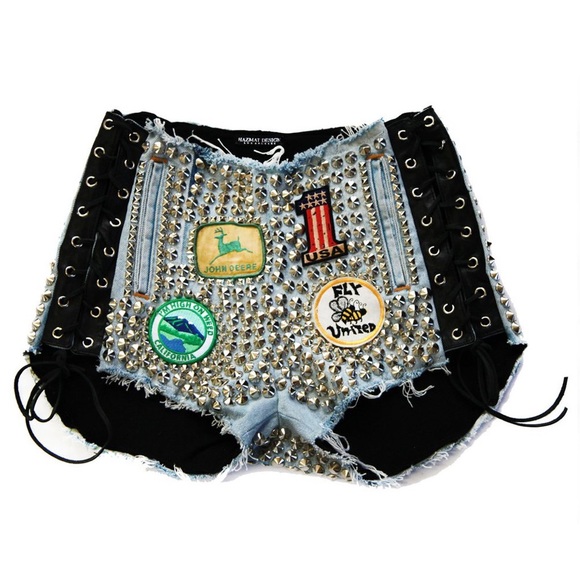Pants - High Waisted Studded Out Patched Denim Shorts
